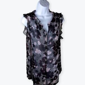 CAbi Floral Women Sheer Purple Gray White Abstract Top M